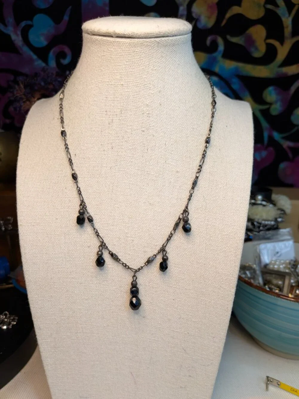 1928 Jewelry Black Faceted Bead Necklace – Vintage Dark Metal, 16